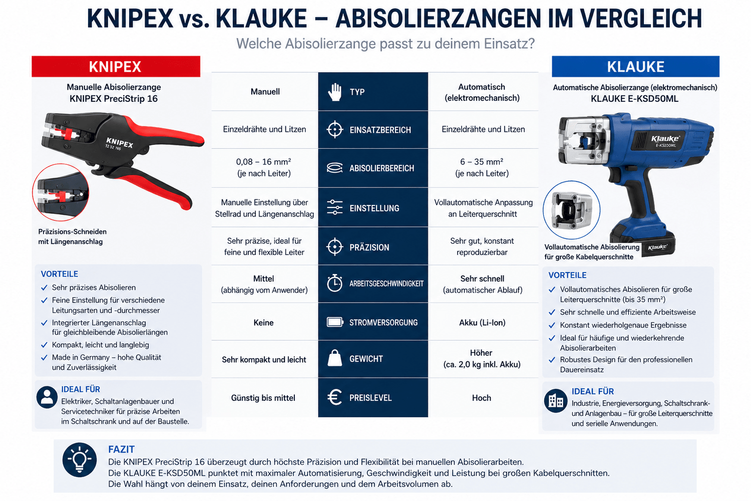 Vergleich zwischen KNIPEX PreciStrip 16 und KLAUKE E-KSD50ML: Welche Abisolierzange eignet sich besser für feine Leiter oder große Kabelquerschnitte? Übersicht zu Technik, Einsatzbereichen und Vorteilen.
