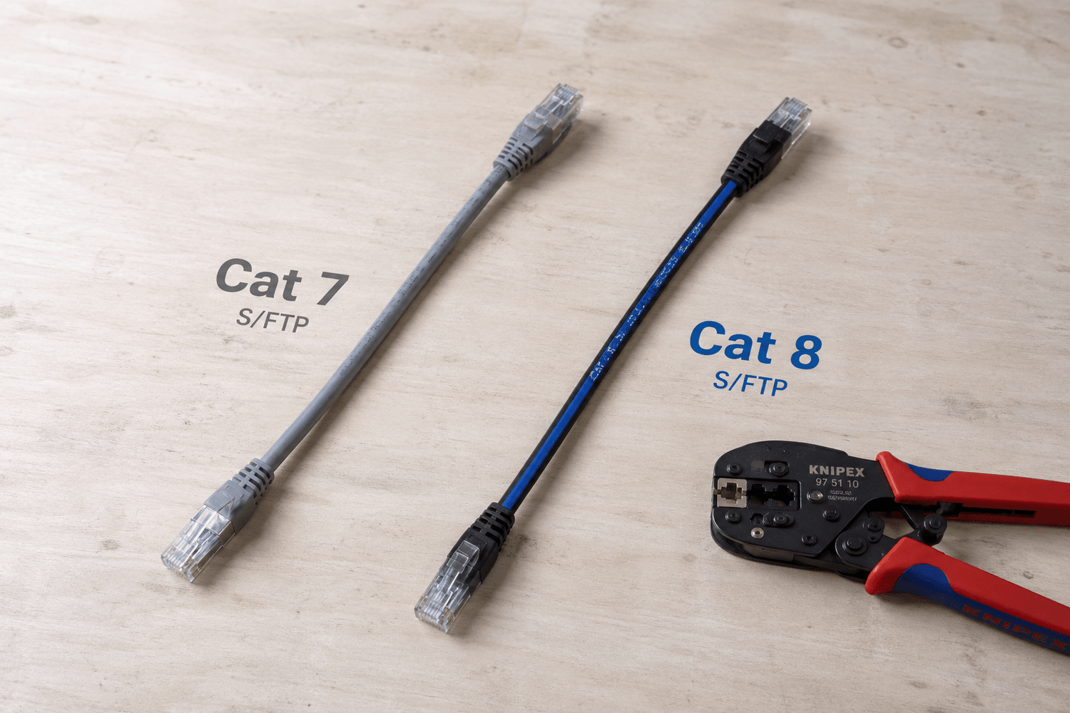 Cat 7 und Cat 8 LAN-Kabel im Querschnitt mit sichtbarer Schirmung und verdrillten Aderpaaren