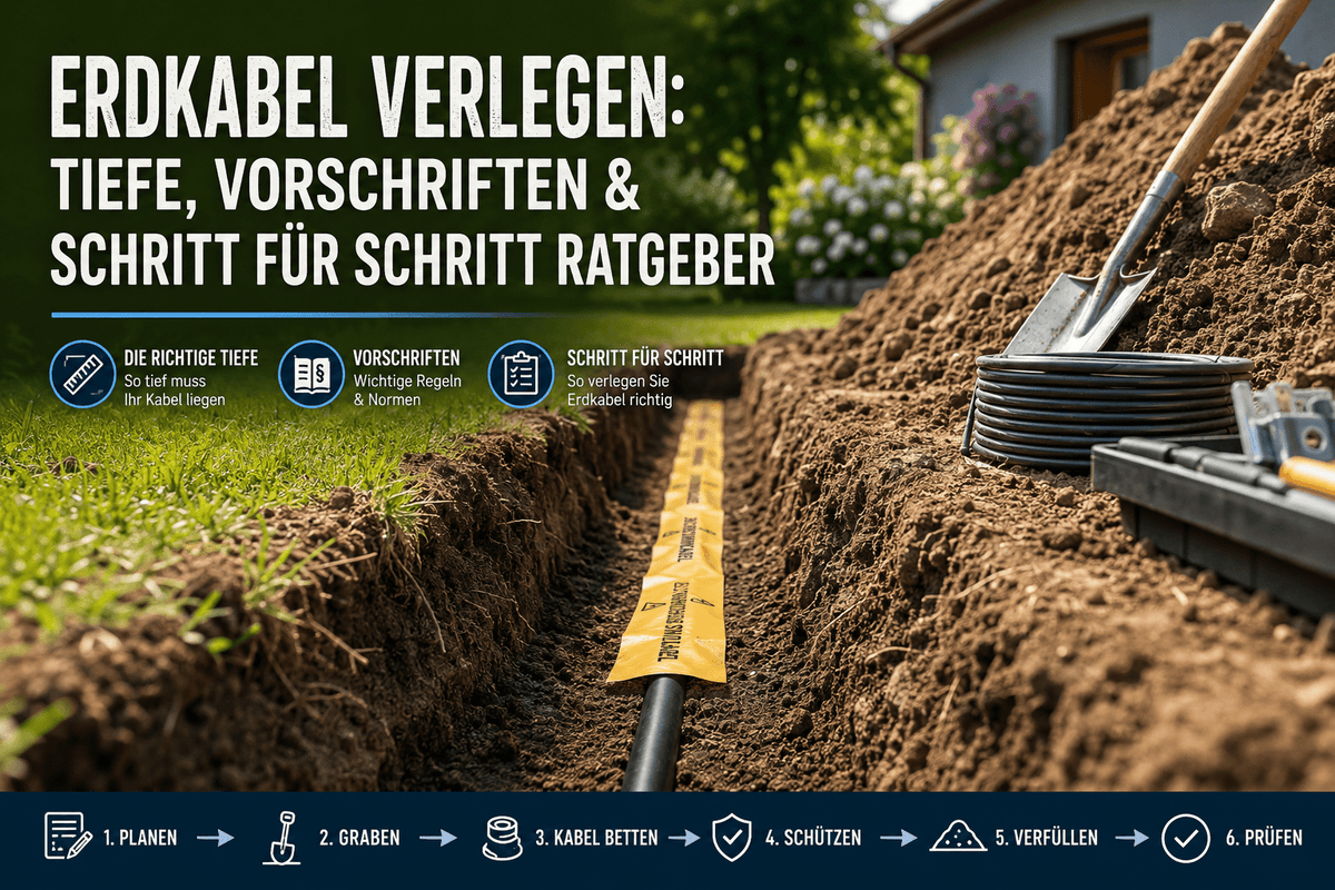 Erdkabelgraben mit NYY-J im Sandbett und orangem Trassenwarnband, daneben Spaten und Maßband