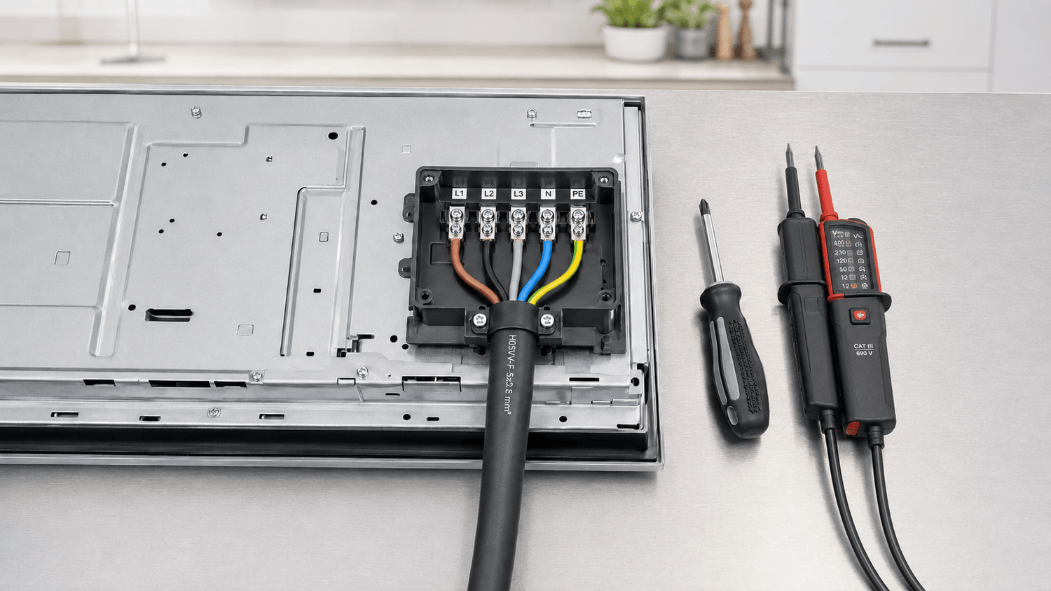 Geöffnete Herdanschlussklemme mit Drehstrombrücken und 5-adrigem Kabel