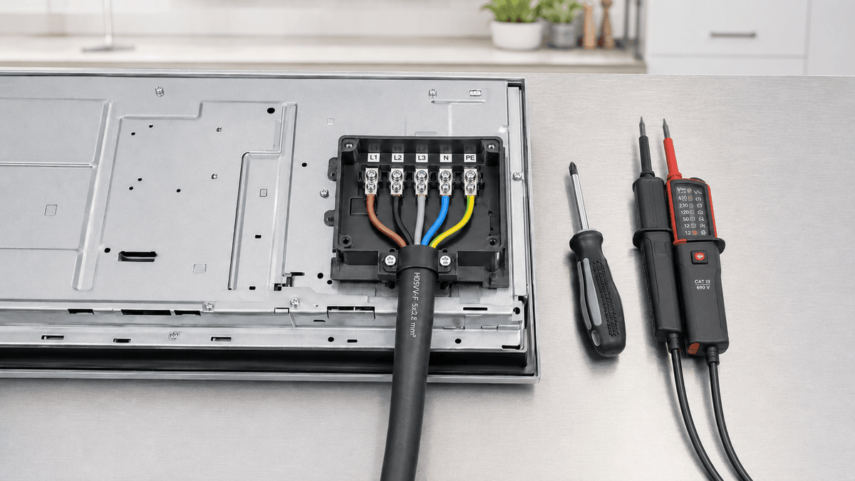 Geöffnete Herdanschlussklemme mit Drehstrombrücken und 5-adrigem Kabel