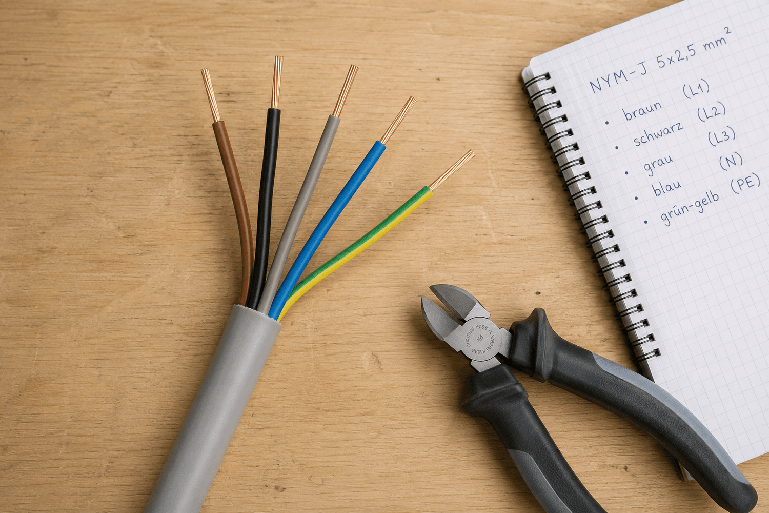 5-adriges Kabel mit braun, schwarz, grau, blau und grün-gelb gefächerten Adern