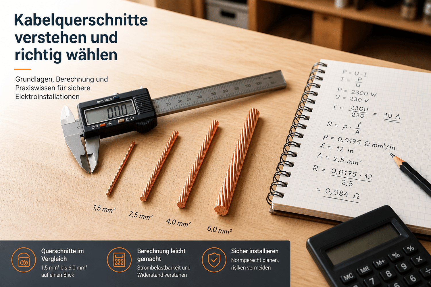 Kupferkabel mit Querschnitten 1,5 bis 6 mm² mit Messschieber und Berechnungs-Notizen