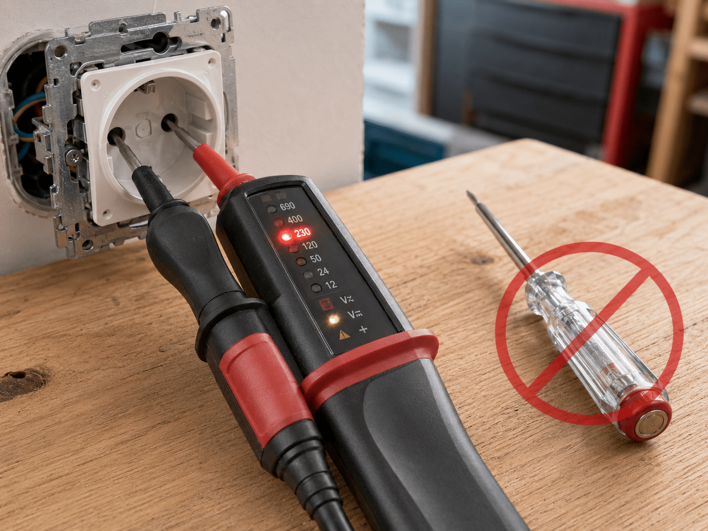 Zweipoliger Duspol-Spannungsprüfer in einer Steckdose mit leuchtender 230V-LED