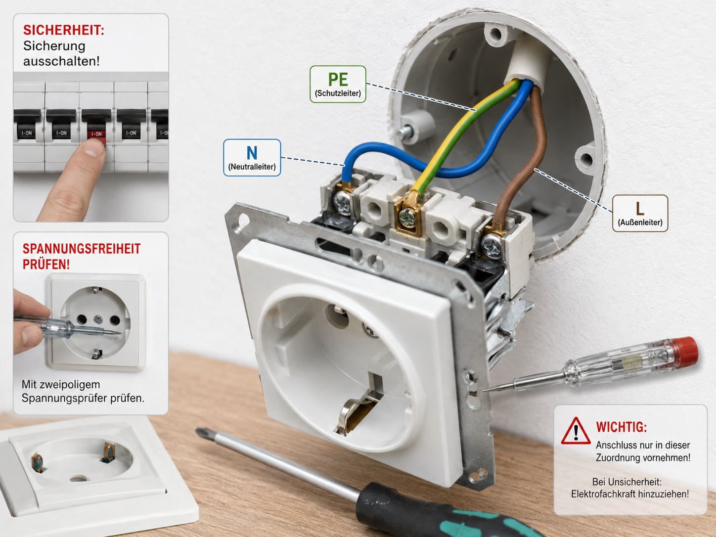 Geöffnete Schuko-Steckdose mit drei angeschlossenen Adern, Schraubendreher DIY Piktogrammen zur Ausführung, und sicherheitshinweise.