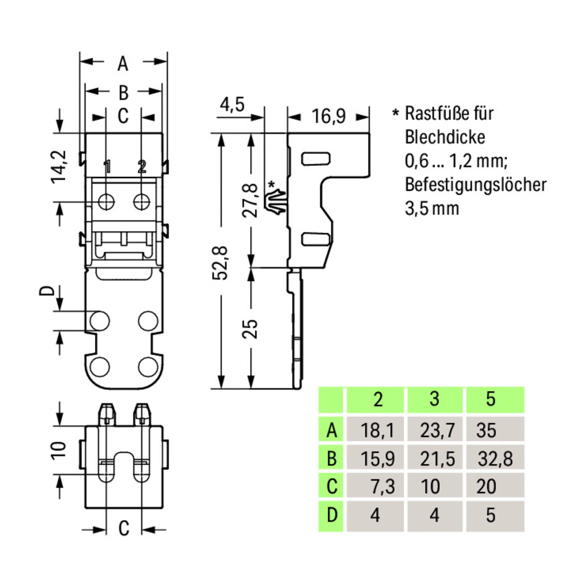 Befestigungsadapter Serie 221, Schraube oder Rastfuß, 2/3/5/10 Leiter