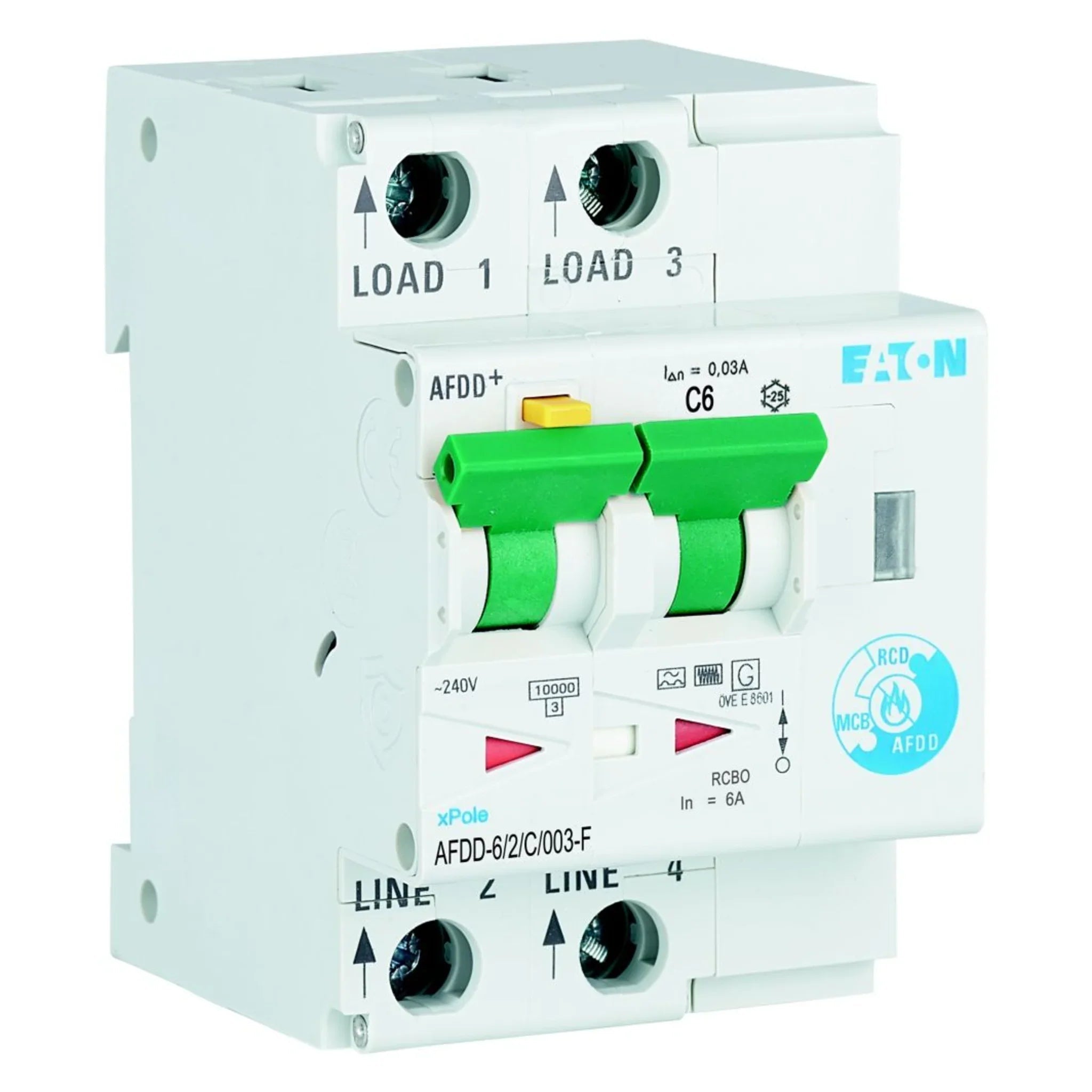 Brandschutzschalter mit FI/LS AFDD 2P Typ F 10 kA – Produktbild Ansicht links
