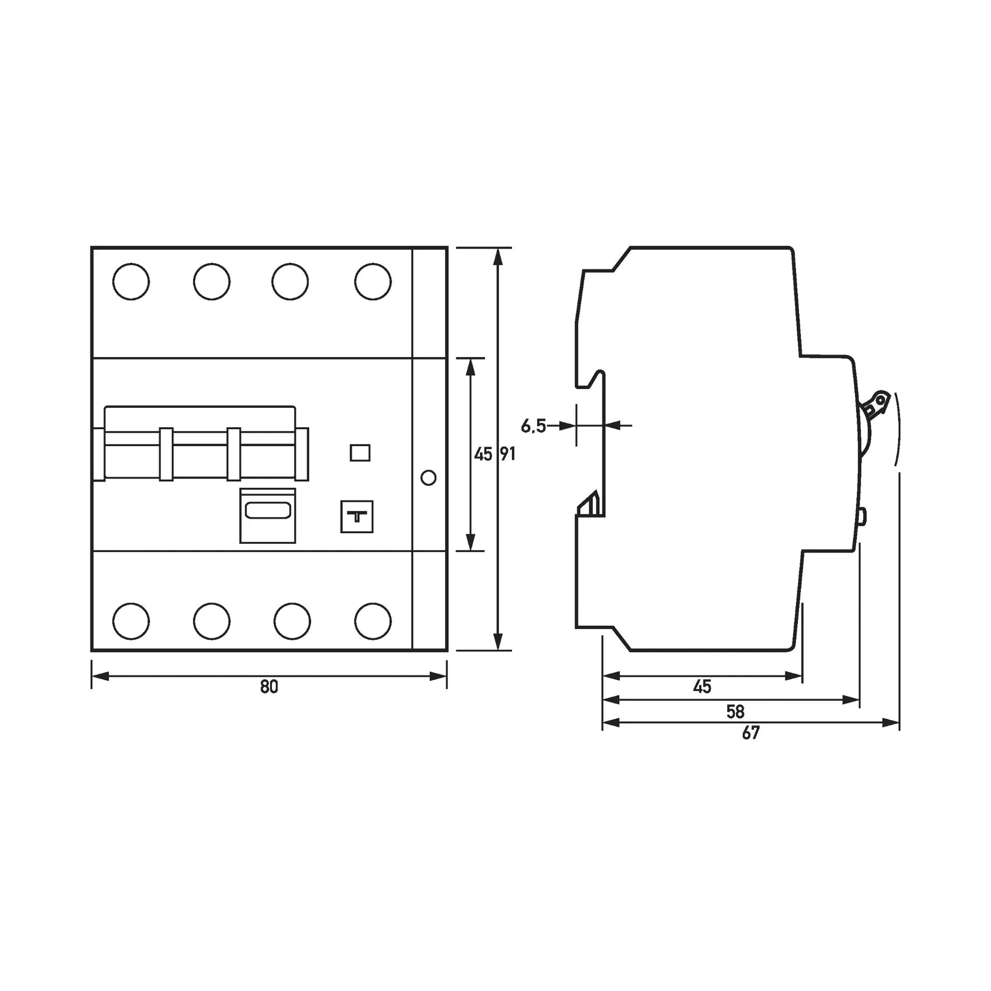 FI/LS-Schalter DRCBO 4 3P+N Typ B+ 6 kA – Maßzeichnung